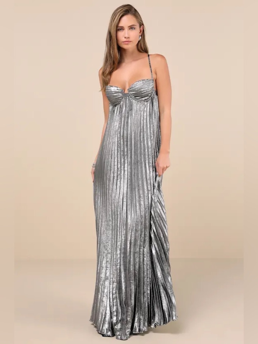 Lulus Silver Metallic Pleated Maxi Dress with Spaghetti Straps
